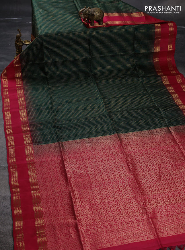 Pure soft silk saree bottle green and pink with allover zari woven small checked pattern and rettapet zari woven border