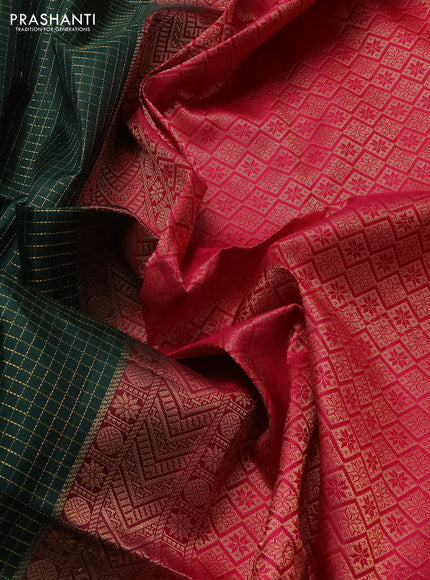 Pure soft silk saree bottle green and pink with allover zari woven small checked pattern and rettapet zari woven border