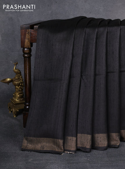 Pure dupion saree black and beige with plain body and madhubani printed pallu & blouse