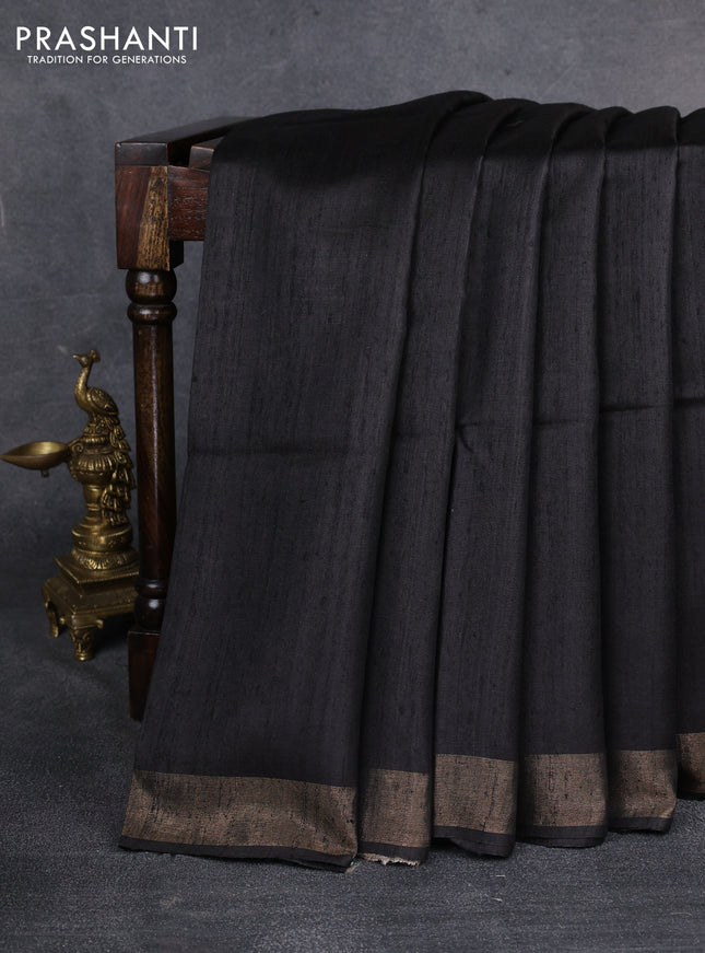 Pure dupion saree black and beige with plain body and madhubani printed pallu & blouse