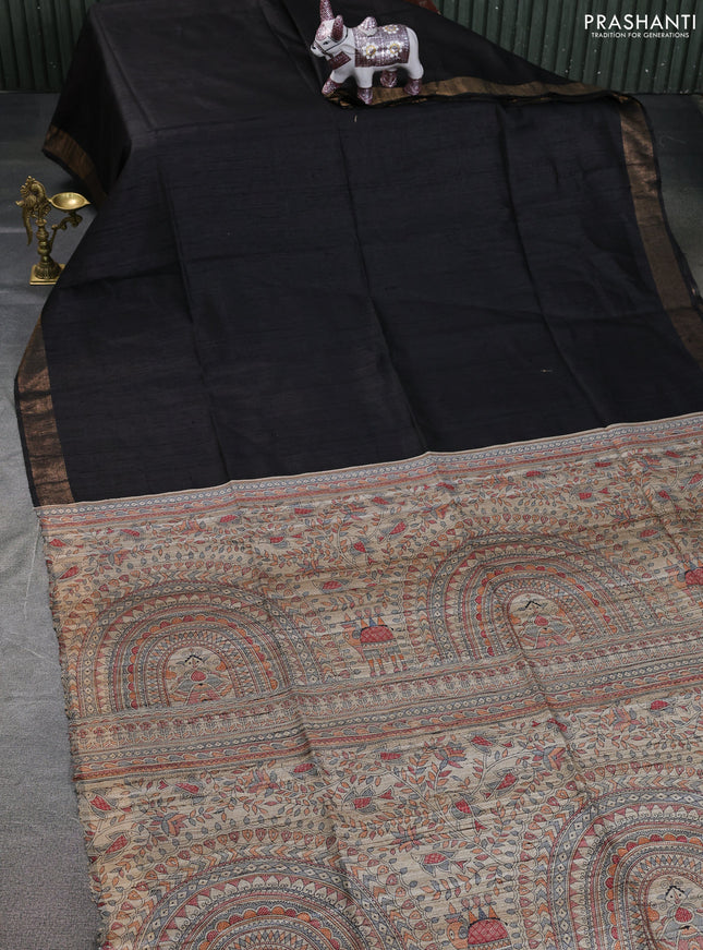 Pure dupion saree black and beige with plain body and madhubani printed pallu & blouse