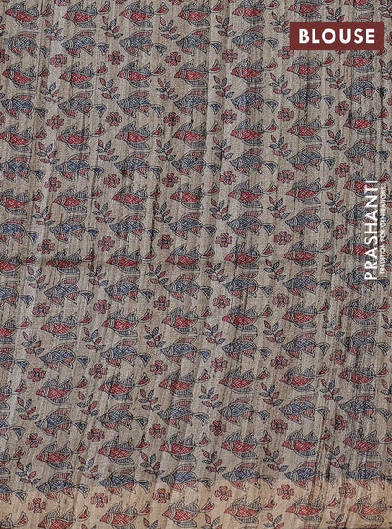 Pure dupion saree black and beige with plain body and madhubani printed pallu & blouse