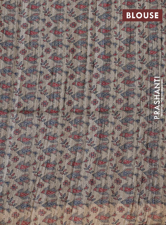 Pure dupion saree black and beige with plain body and madhubani printed pallu & blouse