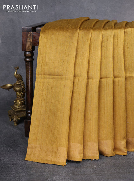 Pure dupion saree mustard yellow and beige with plain body and madhubani printed pallu & blouse