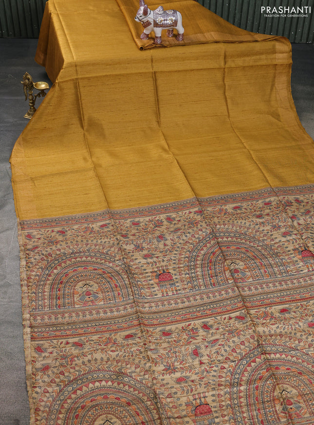 Pure dupion saree mustard yellow and beige with plain body and madhubani printed pallu & blouse