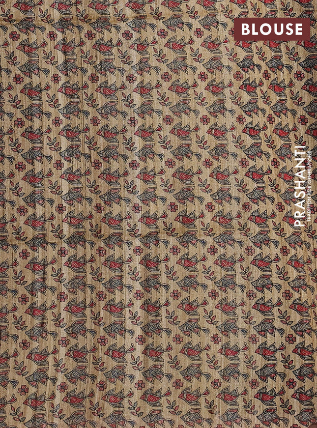 Pure dupion saree mustard yellow and beige with plain body and madhubani printed pallu & blouse