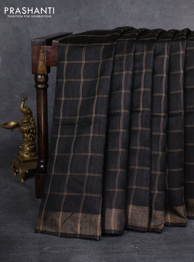 Pure dupion saree black and beige with allover zari checked pattern and madhubani printed pallu & blouse