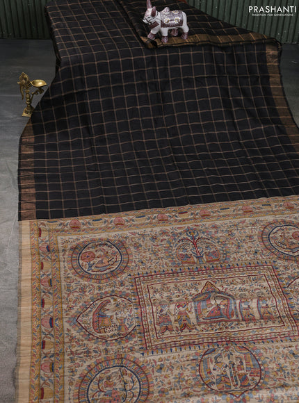 Pure dupion saree black and beige with allover zari checked pattern and madhubani printed pallu & blouse