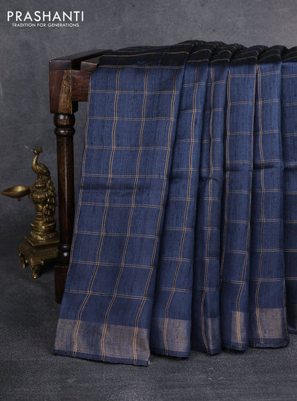 Pure dupion saree peacock blue and beige with allover zari checked pattern and madhubani printed pallu & blouse