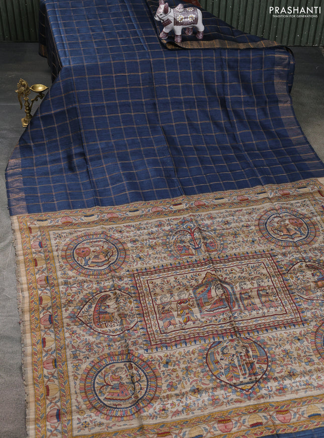 Pure dupion saree peacock blue and beige with allover zari checked pattern and madhubani printed pallu & blouse
