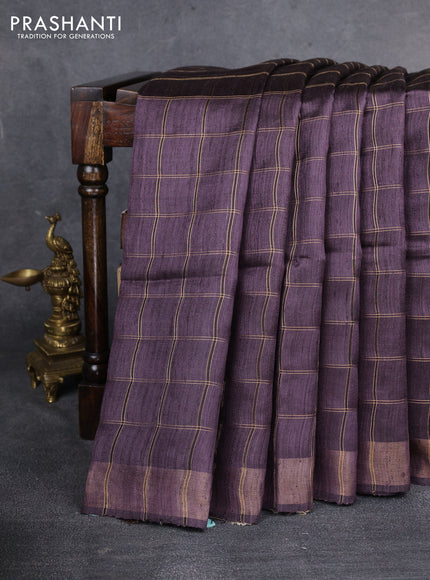 Pure dupion saree deep jamun shade and beige with allover zari checked pattern and madhubani printed pallu & blouse