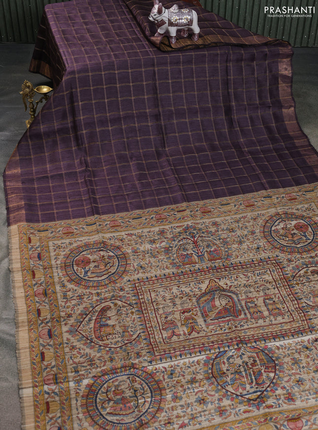 Pure dupion saree deep jamun shade and beige with allover zari checked pattern and madhubani printed pallu & blouse