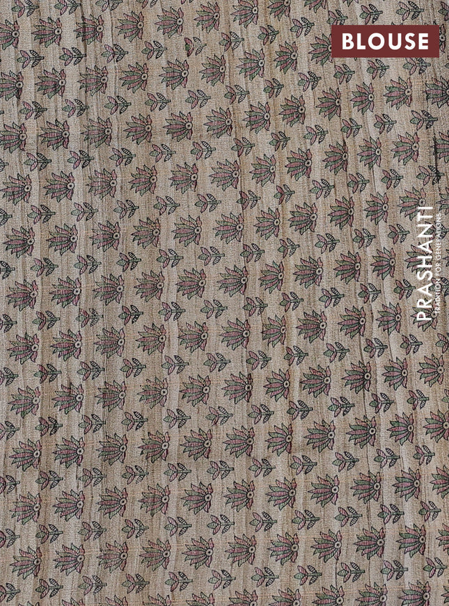 Pure dupion saree deep jamun shade and beige with allover zari checked pattern and madhubani printed pallu & blouse