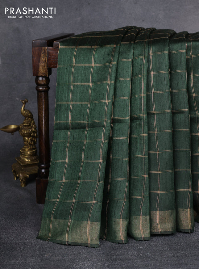 Pure dupion saree green and beige with allover zari checked pattern and madhubani printed pallu & blouse