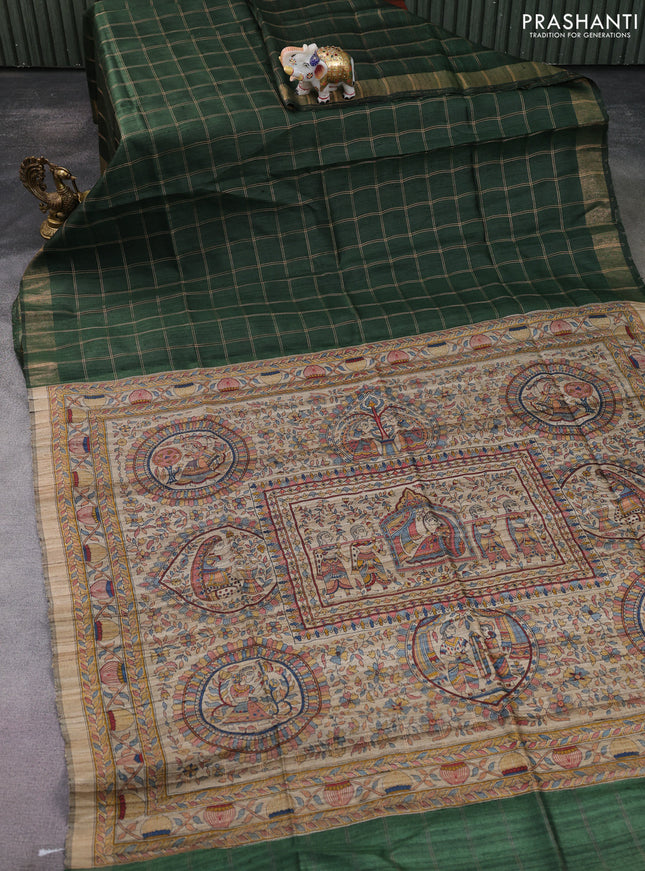 Pure dupion saree green and beige with allover zari checked pattern and madhubani printed pallu & blouse