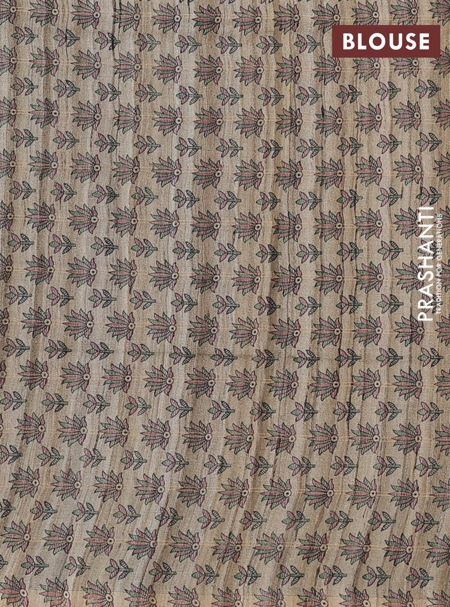 Pure dupion saree green and beige with allover zari checked pattern and madhubani printed pallu & blouse