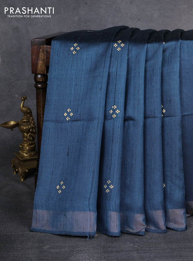 Pure dupion saree peacock blue and beige with plain body and kalamkari printed pallu & blouse