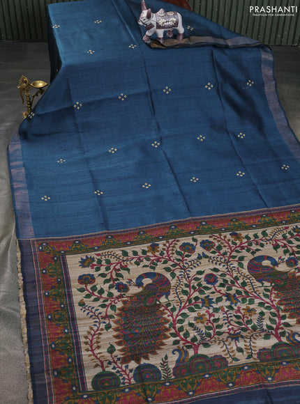 Pure dupion saree peacock blue and beige with plain body and kalamkari printed pallu & blouse