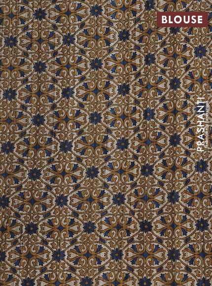 Pure dupion saree peacock blue and beige with plain body and kalamkari printed pallu & blouse