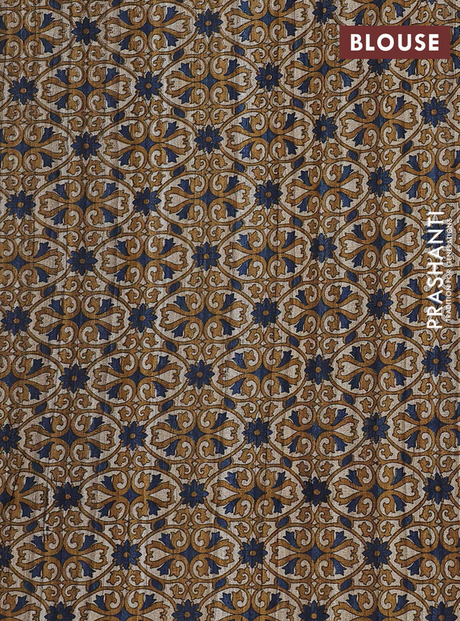 Pure dupion saree peacock blue and beige with plain body and kalamkari printed pallu & blouse