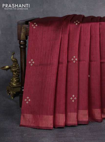 Pure dupion saree maroon and beige with plain body and kalamkari printed pallu & blouse
