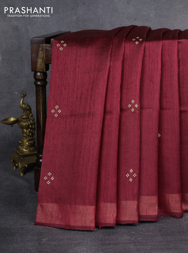 Pure dupion saree maroon and beige with plain body and kalamkari printed pallu & blouse