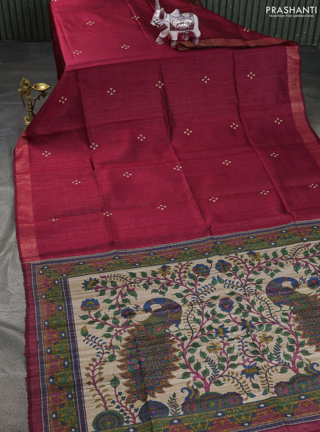 Pure dupion saree maroon and beige with plain body and kalamkari printed pallu & blouse