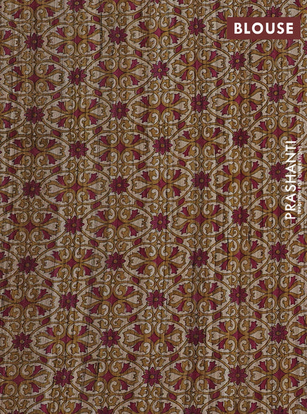 Pure dupion saree maroon and beige with plain body and kalamkari printed pallu & blouse