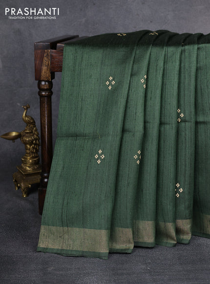 Pure dupion saree green and beige with plain body and kalamkari printed pallu & blouse