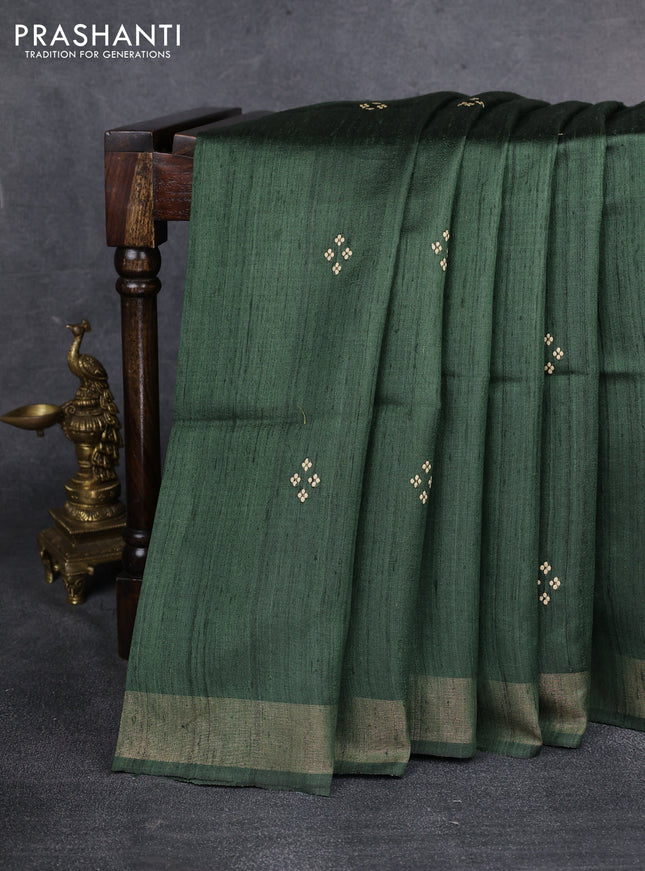 Pure dupion saree green and beige with plain body and kalamkari printed pallu & blouse