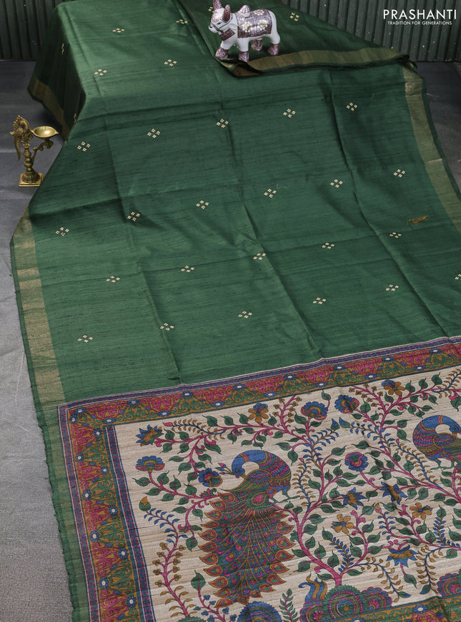 Pure dupion saree green and beige with plain body and kalamkari printed pallu & blouse