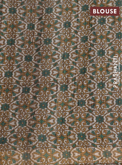 Pure dupion saree green and beige with plain body and kalamkari printed pallu & blouse