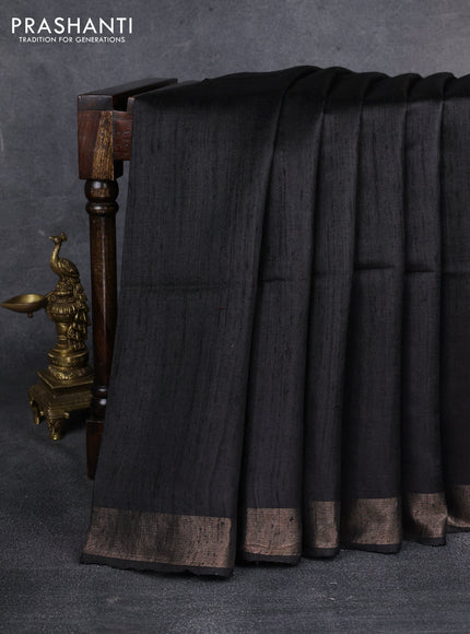 Pure dupion saree black and beige with plain body and madhubani printed pallu & blouse