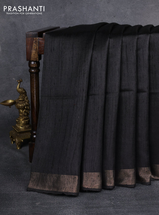 Pure dupion saree black and beige with plain body and madhubani printed pallu & blouse