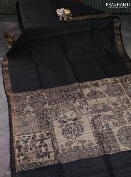 Pure dupion saree black and beige with plain body and madhubani printed pallu & blouse