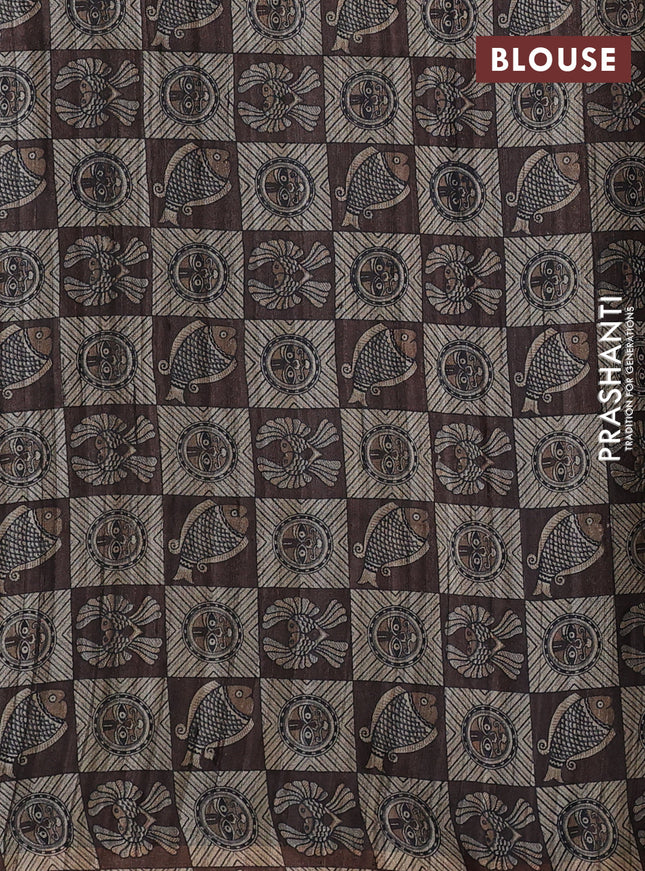 Pure dupion saree black and beige with plain body and madhubani printed pallu & blouse