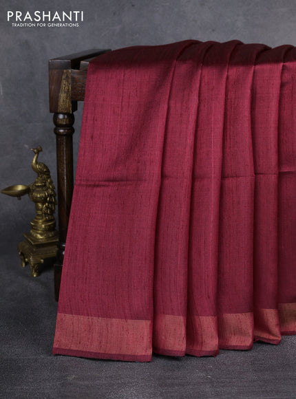 Pure dupion saree maroon and beige with plain body and madhubani printed pallu & blouse
