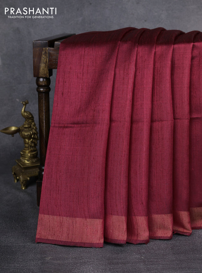 Pure dupion saree maroon and beige with plain body and madhubani printed pallu & blouse