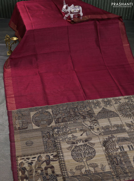 Pure dupion saree maroon and beige with plain body and madhubani printed pallu & blouse