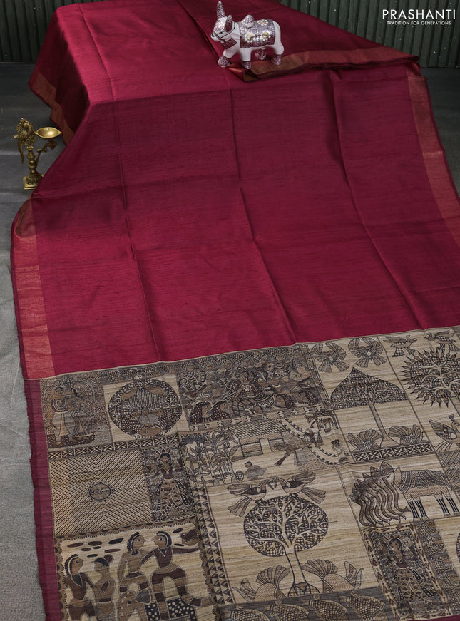 Pure dupion saree maroon and beige with plain body and madhubani printed pallu & blouse