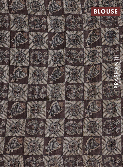 Pure dupion saree maroon and beige with plain body and madhubani printed pallu & blouse