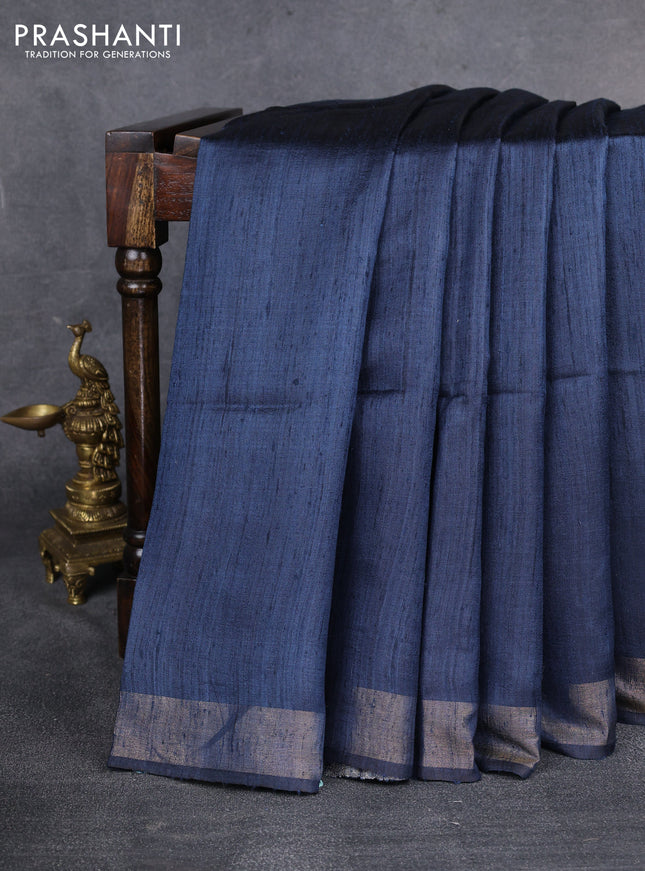 Pure dupion saree peacock blue and beige with plain body and madhubani printed pallu & blouse