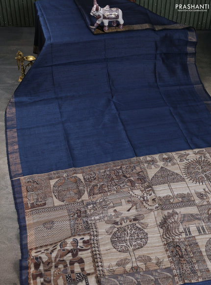 Pure dupion saree peacock blue and beige with plain body and madhubani printed pallu & blouse