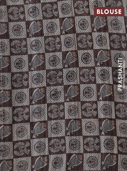 Pure dupion saree peacock blue and beige with plain body and madhubani printed pallu & blouse