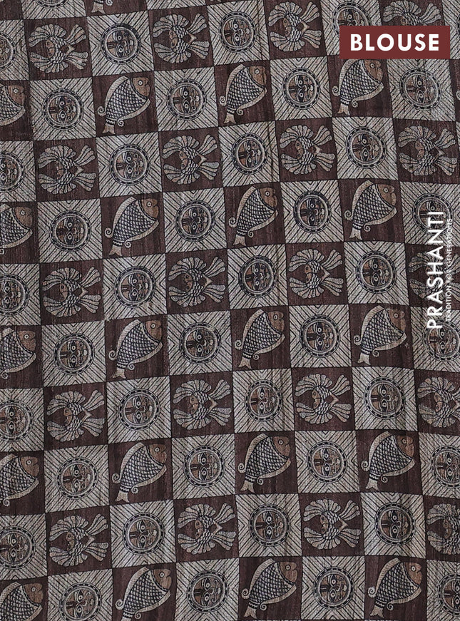 Pure dupion saree peacock blue and beige with plain body and madhubani printed pallu & blouse