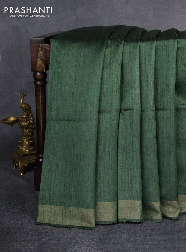Pure dupion saree green and beige with plain body and madhubani printed pallu & blouse