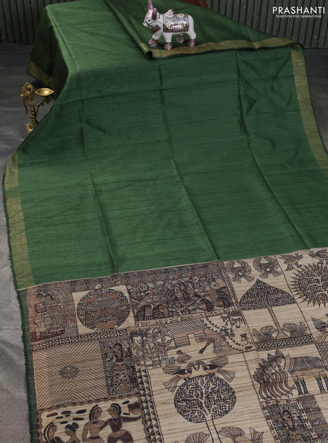 Pure dupion saree green and beige with plain body and madhubani printed pallu & blouse