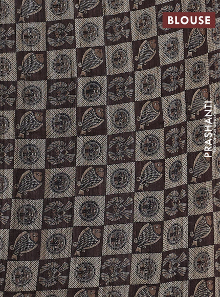 Pure dupion saree green and beige with plain body and madhubani printed pallu & blouse