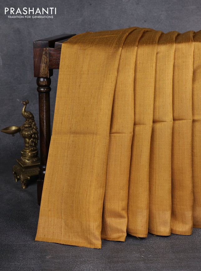 Pure dupion saree mustard yellow and beige with plain body and madhubani printed pallu & blouse