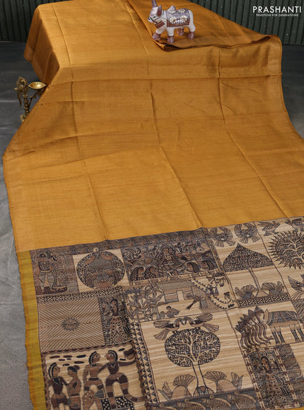 Pure dupion saree mustard yellow and beige with plain body and madhubani printed pallu & blouse